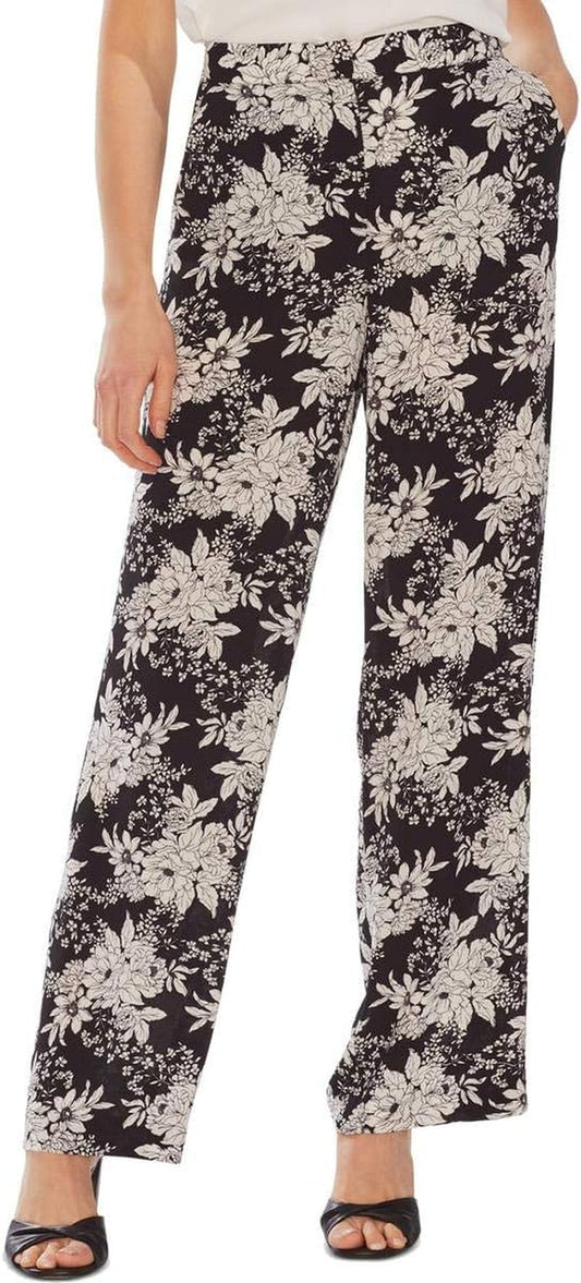 Womens Floral Print Botanical Wide Leg Pants B/W 4 Black