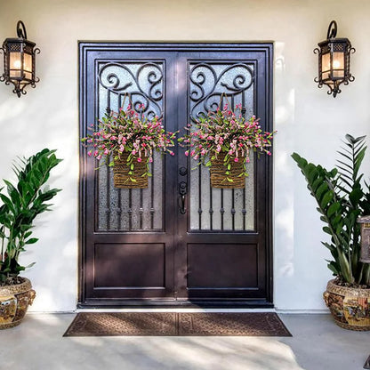 Wildflowers Hanging Basket Wreath, Artificial Spring Wreath for Front Door, Wall Hanging Flower Bucket Rustic Farmhouse Wrea