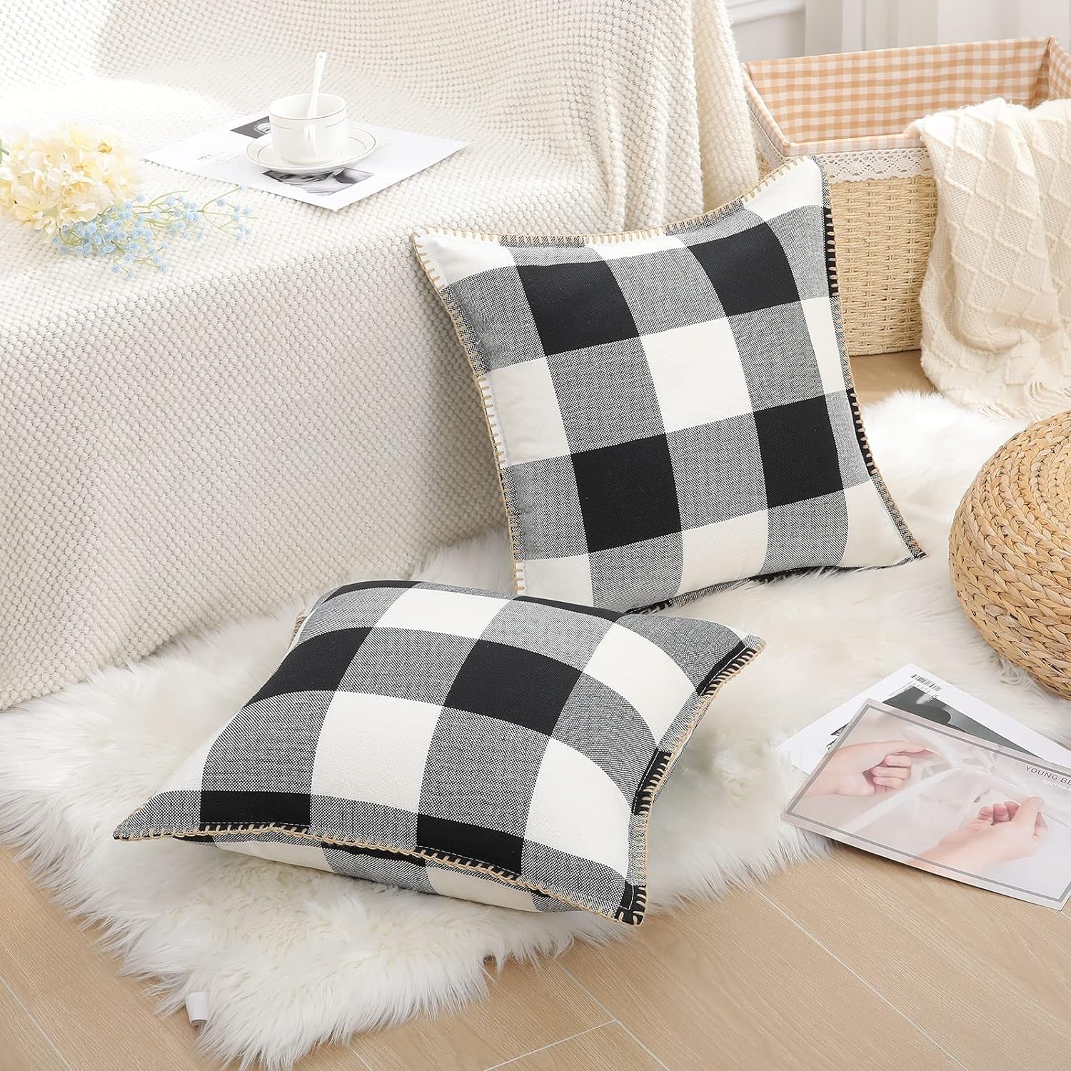 Buffalo Plaid Check Spring Throw Pillow Covers 20X20 Set of 2, Outdoor Decorative Farmhouse Pillow Covers with Stitched Edge for Bed Couch Sofa, Black and White