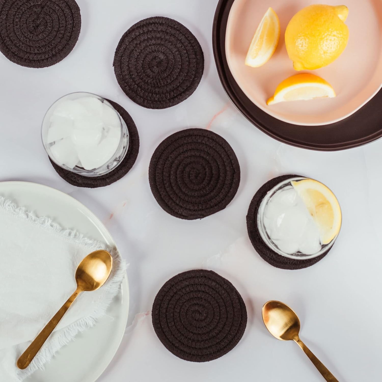 Set of 6 Black Coasters 4.3", Farmhouse Woven Coasters for Coffee Table, Absorbent Coasters for Drinks, Cute Aesthetic Boho Coasters, Rustic Desk Coasters, Moisture Absorbing Coasters