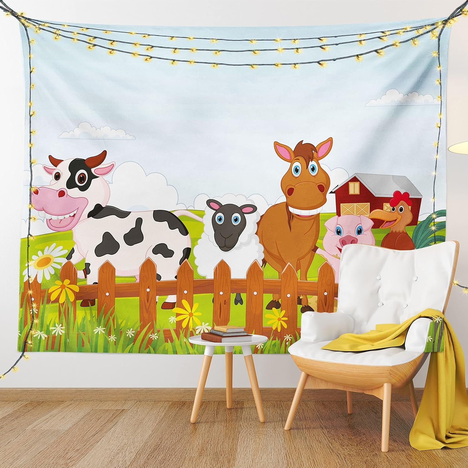 Animal Tapestry King Size, Farm Creatures Cow Horse Goat Pig and Chicken by the Fences Cartoon, Wall Hanging Bedspread Bed Cover Wall Decor, King Size, Pale Brown