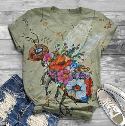 Bee Print Casual Round Neck Loose Short Sleeve Women's T-Shirt