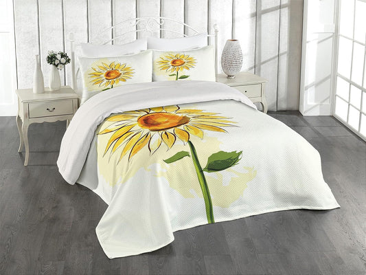 Flower Coverlet, Summer Sunflower in Watercolor Soft Pastel Toned Large Petals Artwork, 3 Piece Decorative Quilted Bedspread Set with 2 Pillow Shams, Queen Size, Yellow Fern