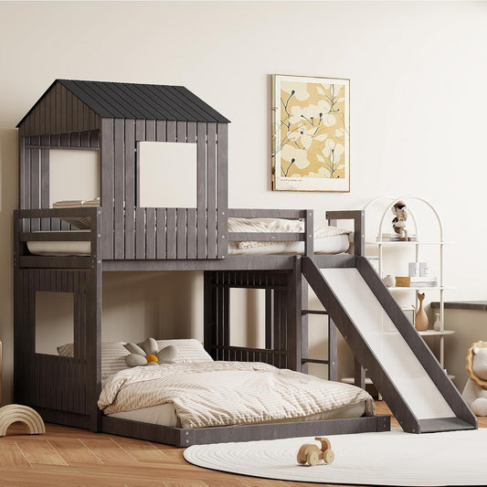 House Bunk Bed with Slide,Wood Twin over Full Bunk Bed with Roof,Ladder & Safety Guardrail,Floor Bunk Loft Bed for Kids,Teens,No Box Spring Needed, Antique Grey