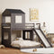 House Bunk Bed with Slide,Wood Twin over Full Bunk Bed with Roof,Ladder & Safety Guardrail,Floor Bunk Loft Bed for Kids,Teens,No Box Spring Needed, Antique Grey
