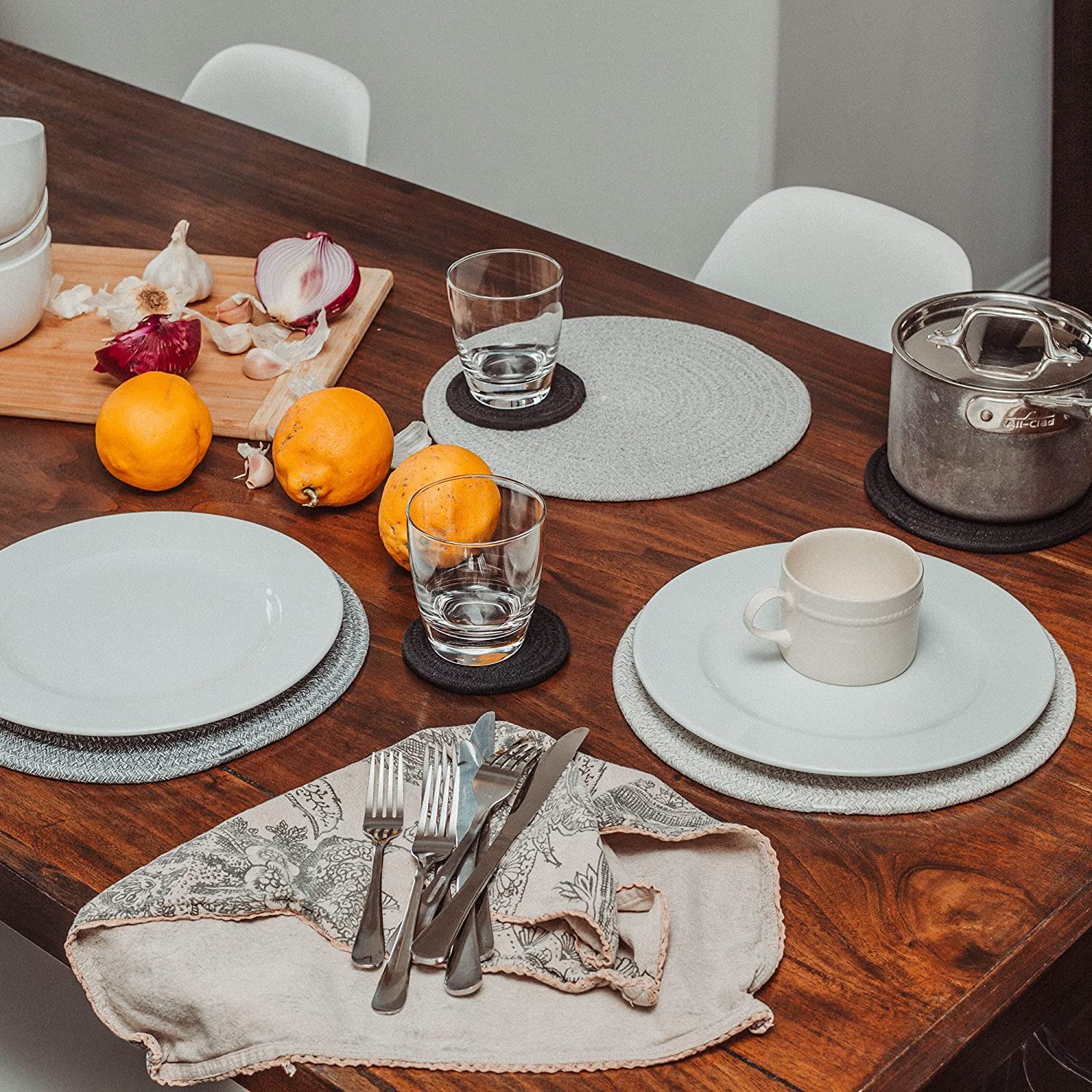 Set of 6 Black Coasters 4.3", Farmhouse Woven Coasters for Coffee Table, Absorbent Coasters for Drinks, Cute Aesthetic Boho Coasters, Rustic Desk Coasters, Moisture Absorbing Coasters