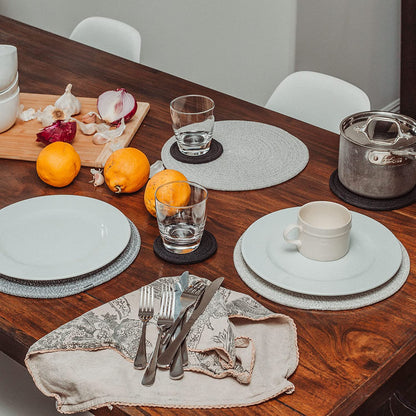 Set of 6 Black Coasters 4.3", Farmhouse Woven Coasters for Coffee Table, Absorbent Coasters for Drinks, Cute Aesthetic Boho Coasters, Rustic Desk Coasters, Moisture Absorbing Coasters