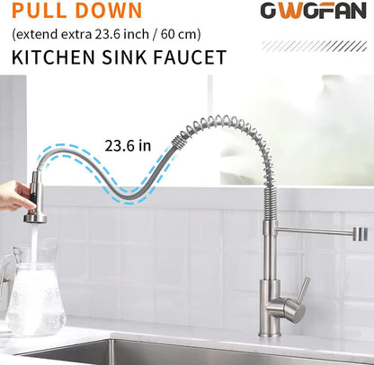 Kitchen Faucet Low Lead Commercial Solid Brass Single Handle Single Lever Pull Out Pull down Sprayer Spring Kitchen Sink Faucet, Brushed Nickel Kitchen Faucets 866053SN