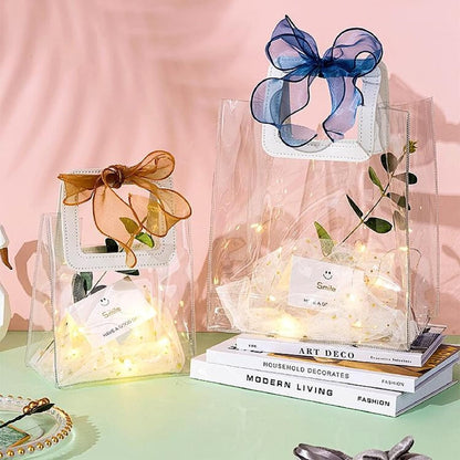 Clear Gift Bag with Handle, 4 Pcs Transparent PVC Gift Bag, Heavy Duty Reusable Gift Wrap Bags for Bridal Party, Baby Shower, Wedding Favor, Shopping Bag Bulk- 7"X4" X8"
