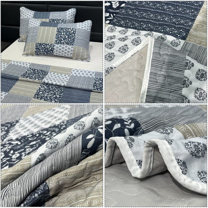 Oversized King Size Quilt Set 128X120 Grey Plaid Patchwork Extra Wide Super K...