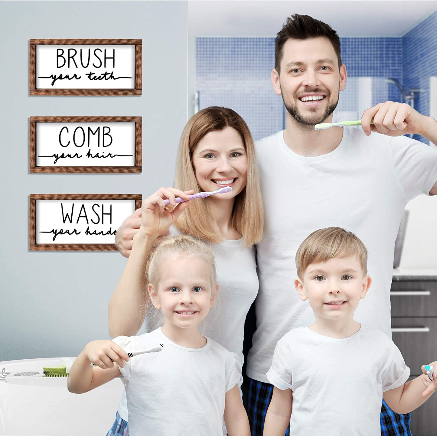 Bathroom Sign & Plaque (Set of 3) Wash Your Hands Brush Your Teeth Comb Your Hair Decorative Rustic Wood Farmhouse Bathroom Wall Decor (White)