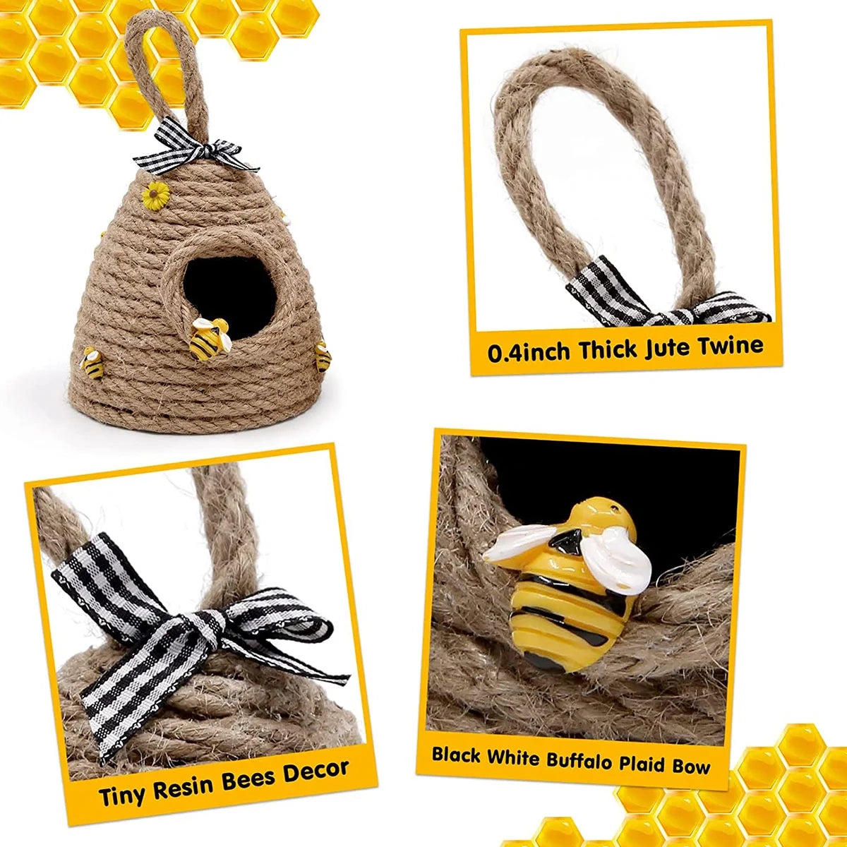 Beehive Decor Jute Hanging Bee Tiered Tray Decor Cute Handmade Honeycomb Decoration Bee Themed Party Ornament for Farmhouse Country Kitchen Bookshelf Garden