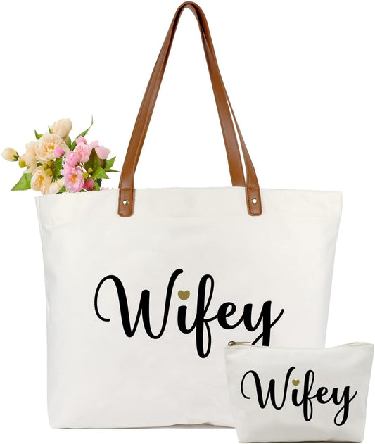 Wifey Tote Bag with Makeup Bag, Gifts for Engagement/Bridal Shower/Bachelorette/Wedding Party Canvas White
