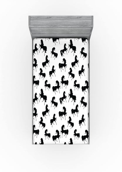 Horses Fitted Sheet, Farm Animal Silhouettes with Various Poses Galloping Trotting Cantering and Loping, Soft Decorative Fabric Bedding All-Round Elastic Pocket, Twin Size, Black