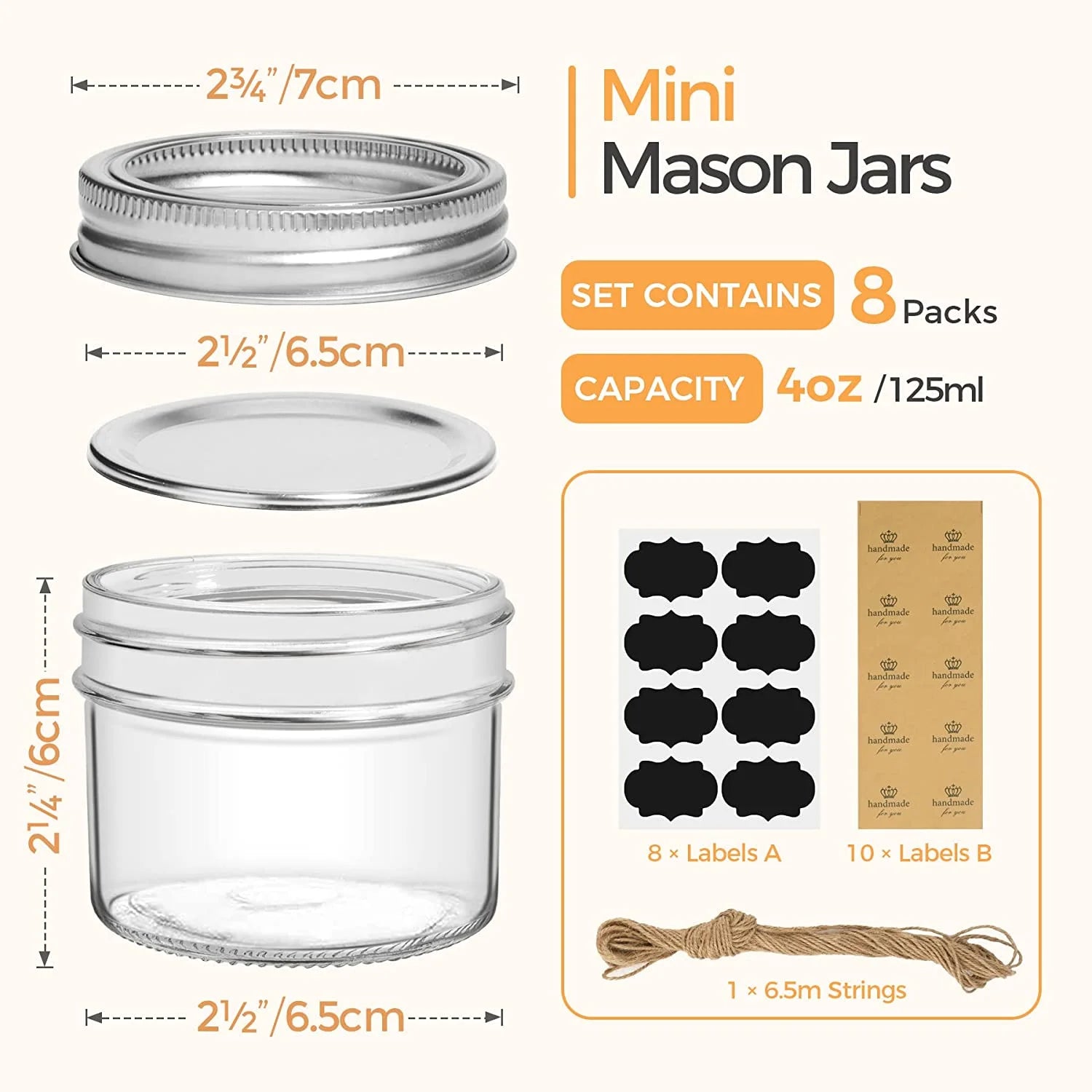 Mini Mason Jars 4Oz - 8 Pack, Regular Mouth Mason Jar with Lids and Seal Bands, Small Glass Canning Jar for Spice, Jam, Honey, Jelly, Dessert, Shower Wedding Favors, DIY Candles Decor