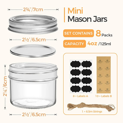Mini Mason Jars 4Oz - 8 Pack, Regular Mouth Mason Jar with Lids and Seal Bands, Small Glass Canning Jar for Spice, Jam, Honey, Jelly, Dessert, Shower Wedding Favors, DIY Candles Decor
