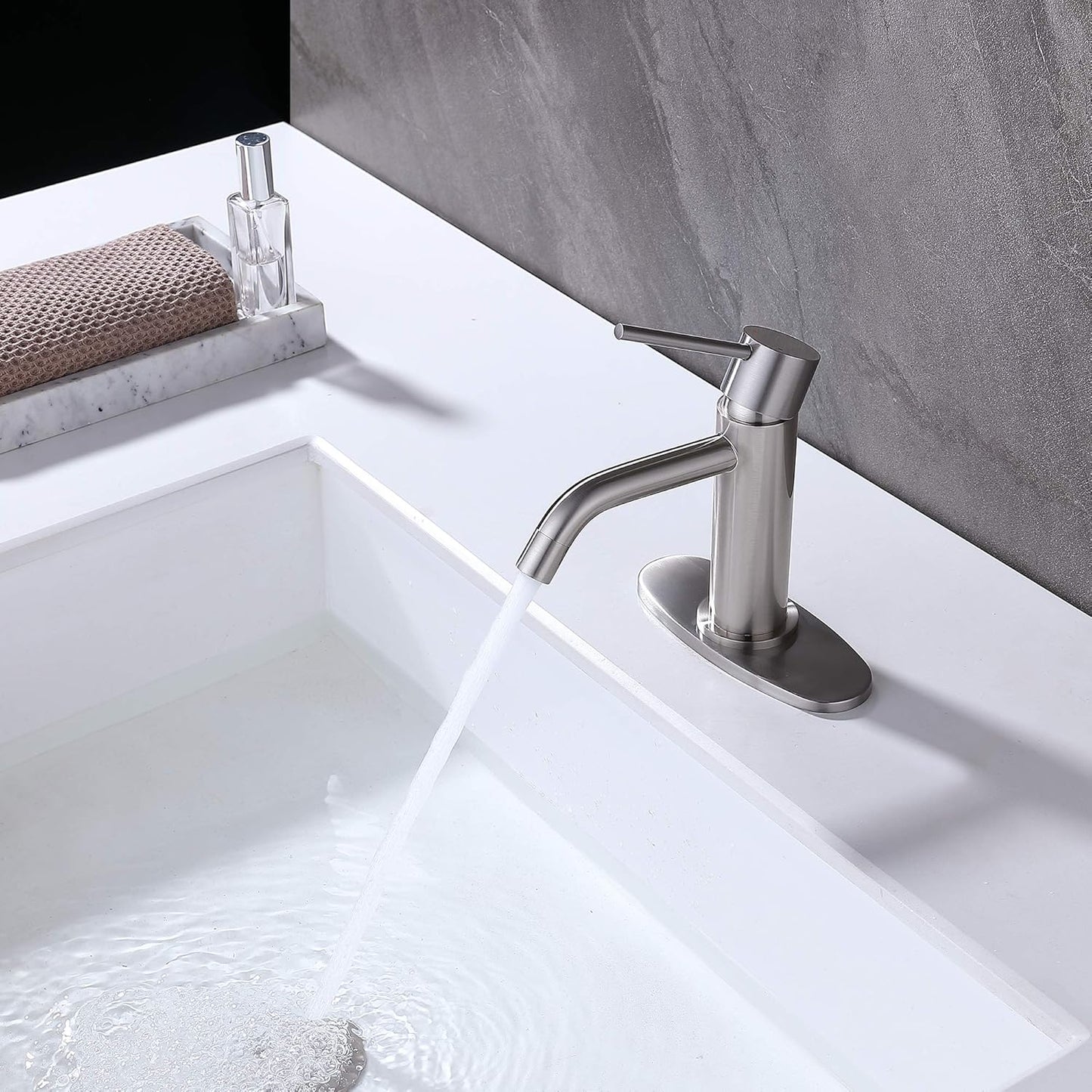 Brushed Nickel Single Hole Bathroom Faucets Single Handle,  Brushed Bathroom Vanity Sink Faucet with Pop up Drain Assembly and 6 Inch Deck Plate