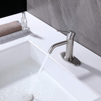 Brushed Nickel Single Hole Bathroom Faucets Single Handle,  Brushed Bathroom Vanity Sink Faucet with Pop up Drain Assembly and 6 Inch Deck Plate