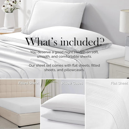 Southshore Fine Living Vilano Pleats, 4-Piece, 21-Inch Extra Deep Pocket Sheet, Queen Sheets with Flat Sheets and Pillowcase, Easy Care and Shrinkage-Free Deep Pocket Sheets, Sheet Set, Bright White