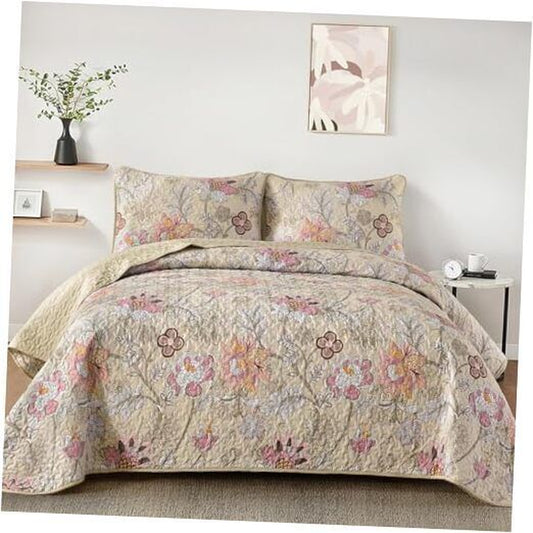 Floral Quilt Set Size Botanical Bedspread Bedding Sets Soft Queen Khaki