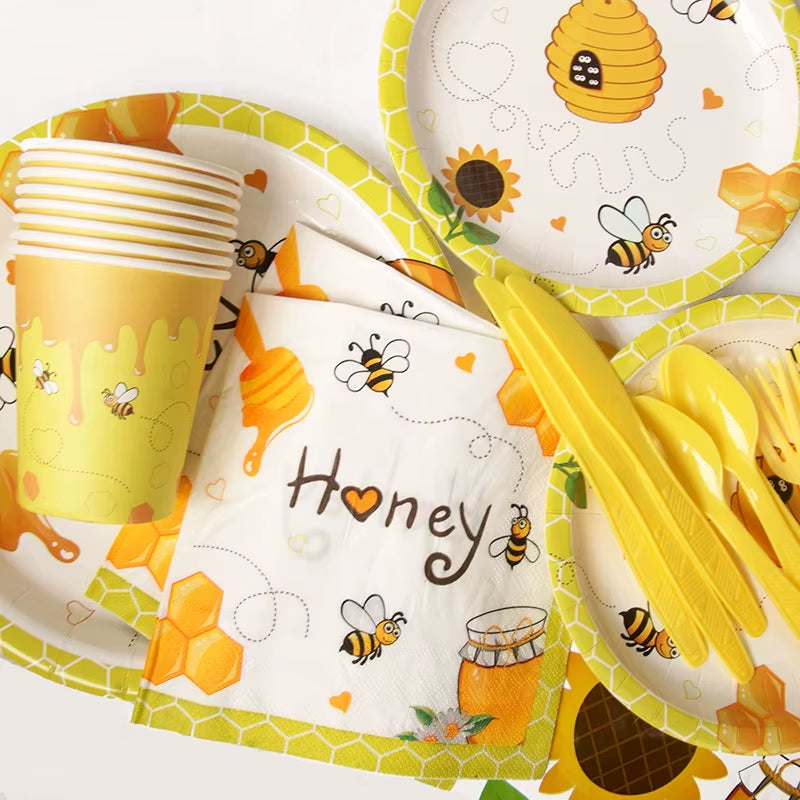 Bumble Bee Theme Party DIY Supplies Kids Birthday Party Decoration Latex Balloon Garland Disposable Tableware Set Baby Shower Su