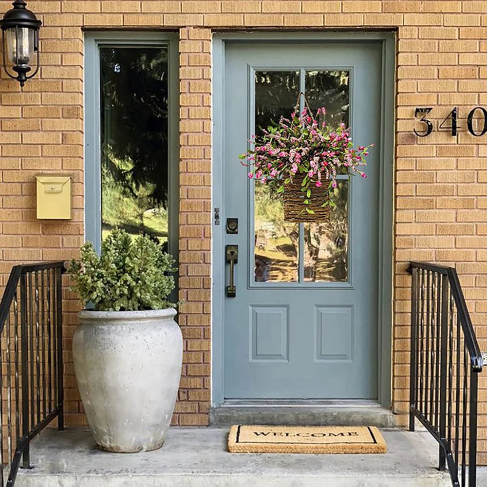 Wildflowers Hanging Basket Wreath, Artificial Spring Wreath for Front Door, Wall Hanging Flower Bucket Rustic Farmhouse Wrea