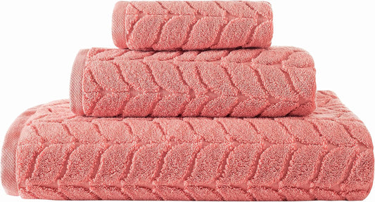 100% Turkish Cotton Jacquard Luxury Towel Set – Quick Dry Non-Gmo Ultra-Soft, Plush and Absorbent Luxury Durable Turkish Towels Set (Coral Red, 3 Pcs Towel Set)