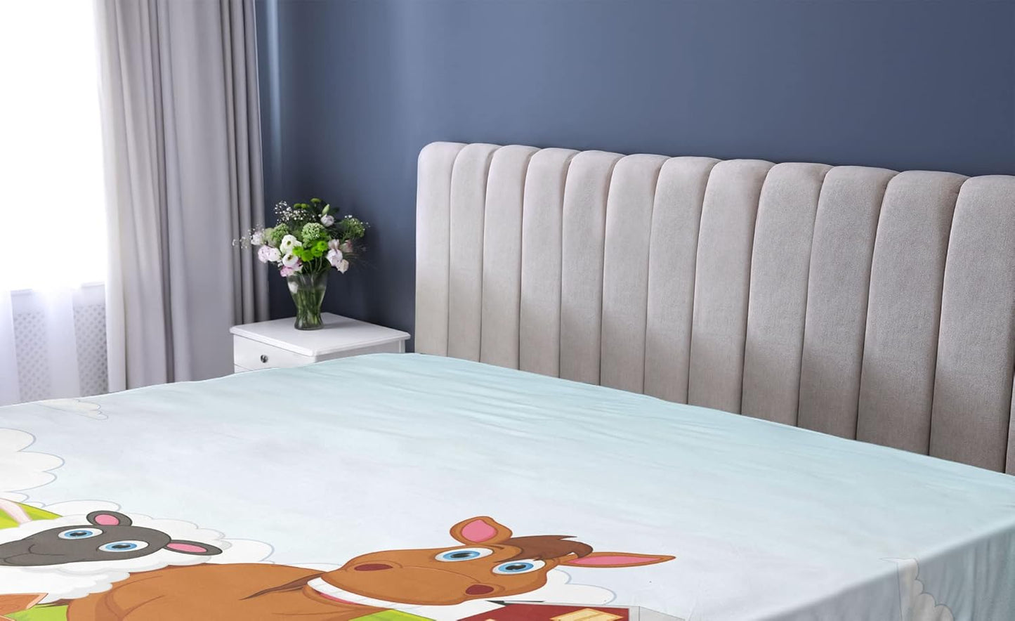 Animal Fitted Sheet, Farm Creatures Cow Horse Goat Pig and Chicken by the Fences Cartoon, Bed Cover with All-Round Elastic Deep Pocket for Comfort, Full Size, Ginger