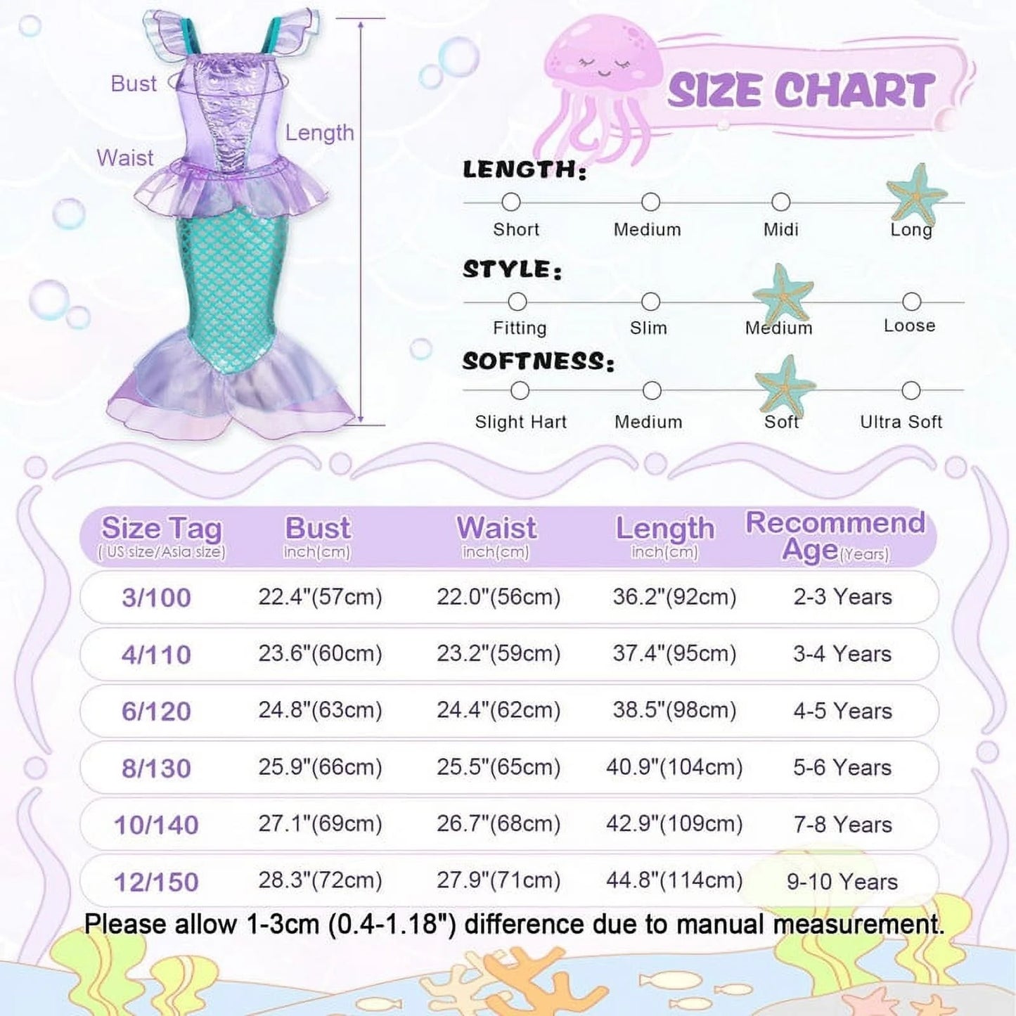 Mermaid Dresses for Girl Ariel Princess Dress up Clothes Mermaid Costume up Kids Birthday Party Cosplay Role Play Clothes 140 Cm 9-10 Years
