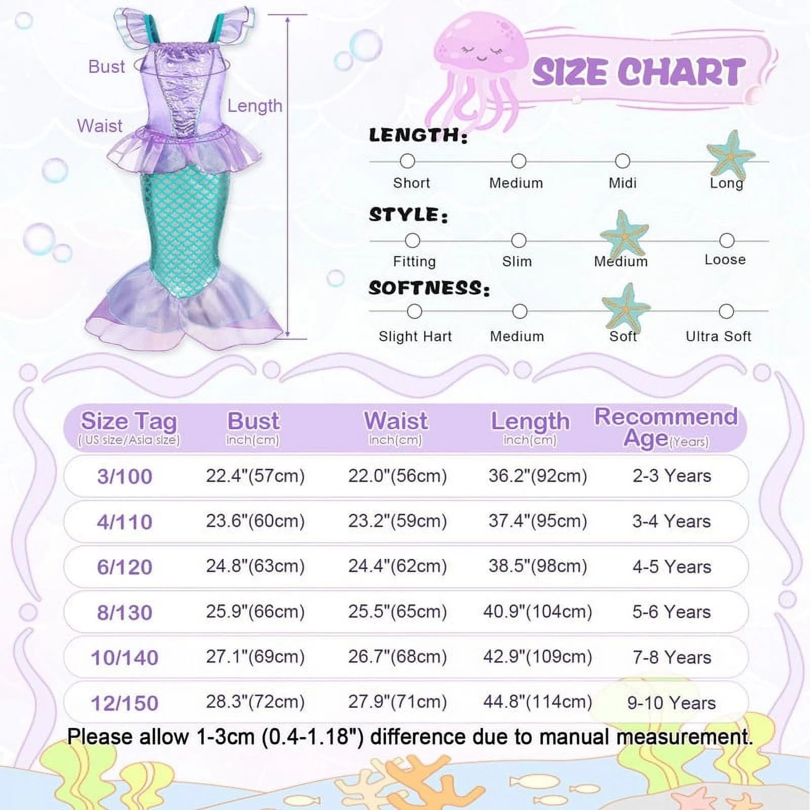 Mermaid Dresses for Girl Ariel Princess Dress up Clothes Mermaid Costume up Kids Birthday Party Cosplay Role Play Clothes 140 Cm 9-10 Years