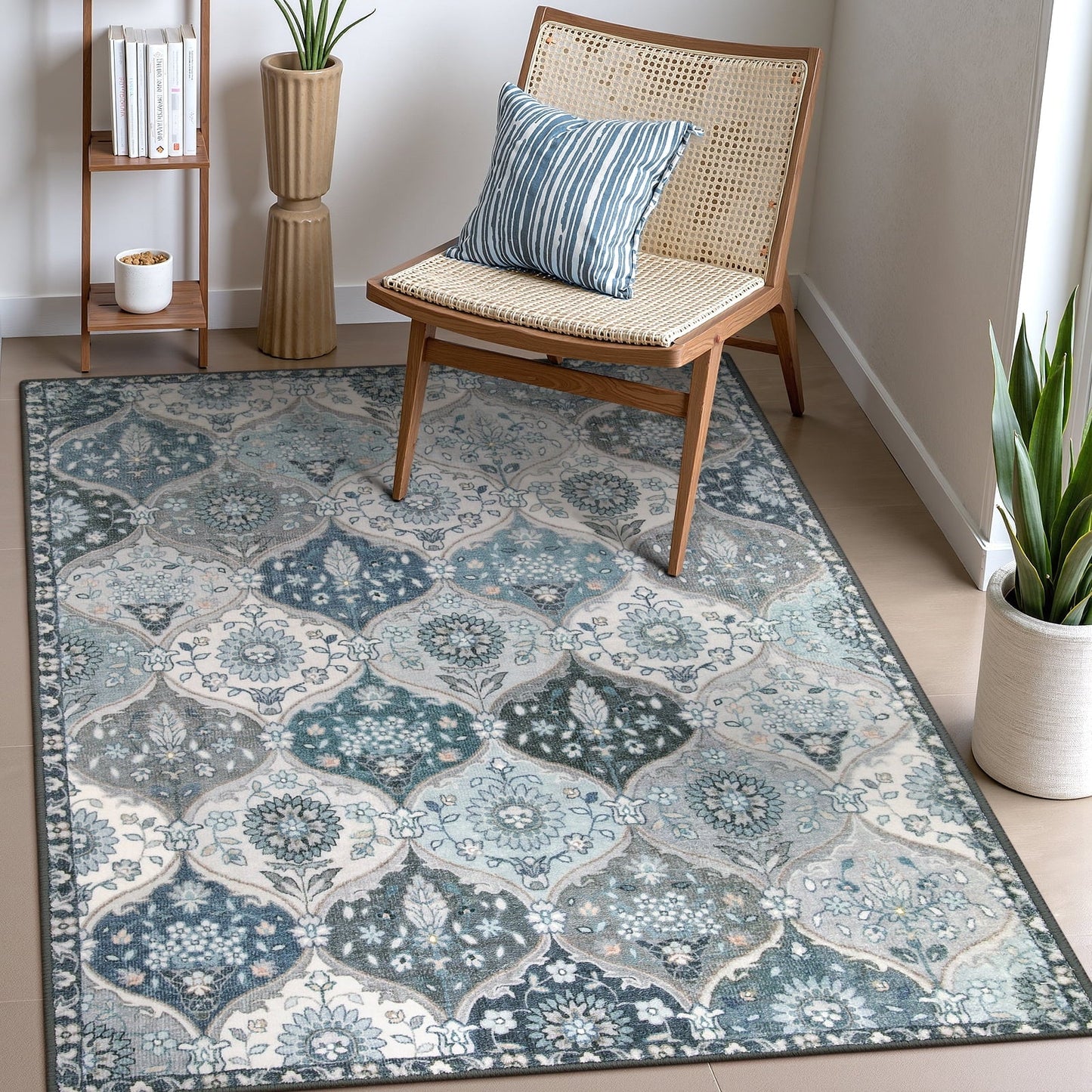 5'X7' Area Rug for Living Room Non-Slip Moroccan Indoor Washable Rug Ultra-Thin Foldable Soft Carpet Floral Accent Throw Rug for Kitchen Entryway Bathroom Bedroom Office Carpet,Grey