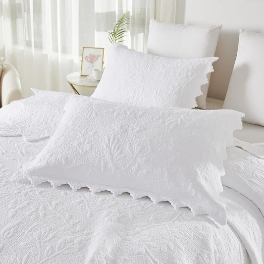 Quilted Pillow Shams Cotton Set of 2 White Standard Size Shabby Vintage Farmhouse Decorative Pillow Covers Full Queen Size