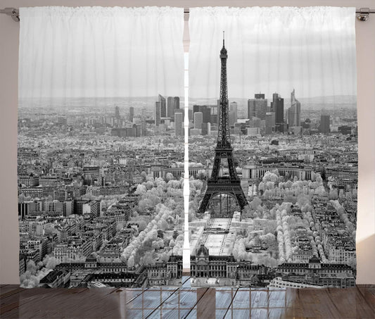 Eiffel Tower Curtains, Eiffel Tower Paris City Structure Morning Scenic Monochrome Urban View, Living Room Bedroom Window Drapes 2 Panel Set, 108" X 108", Pale Grey