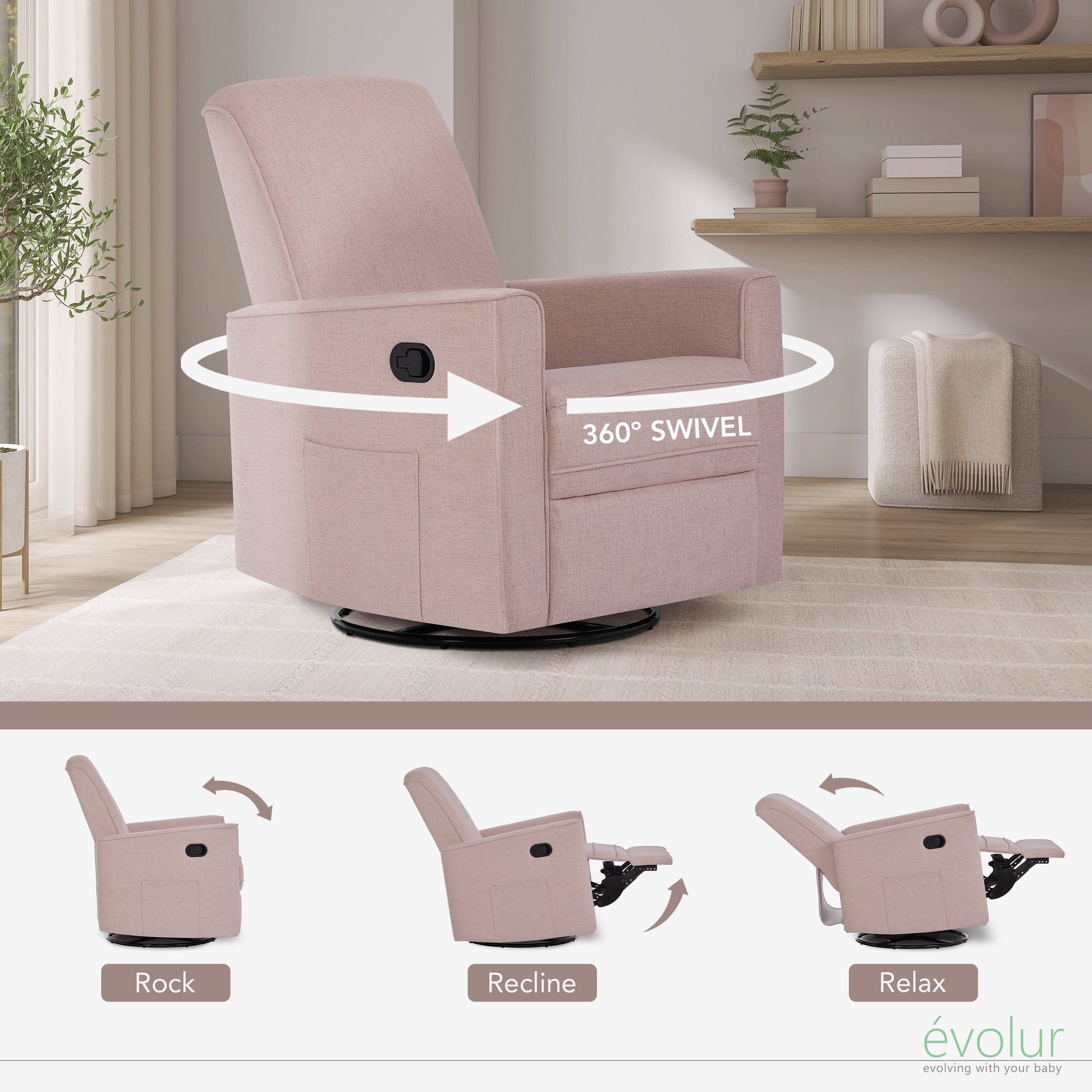 Raleigh Glider Recliner Rose with High Backrest Support, Durable Polyester Fabric