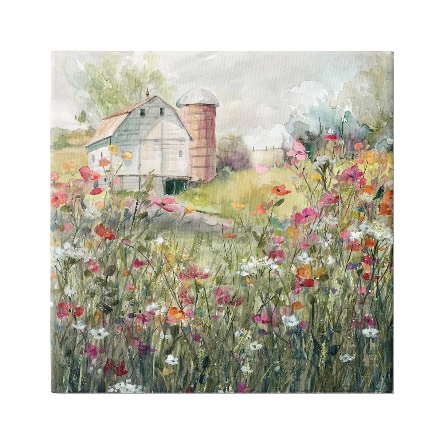 Vibrant Flower Blossoms Surrounding Rural Barn Nature Painting Gallery Wrapped Canvas Print Wall Art, Design by Carol Robinson