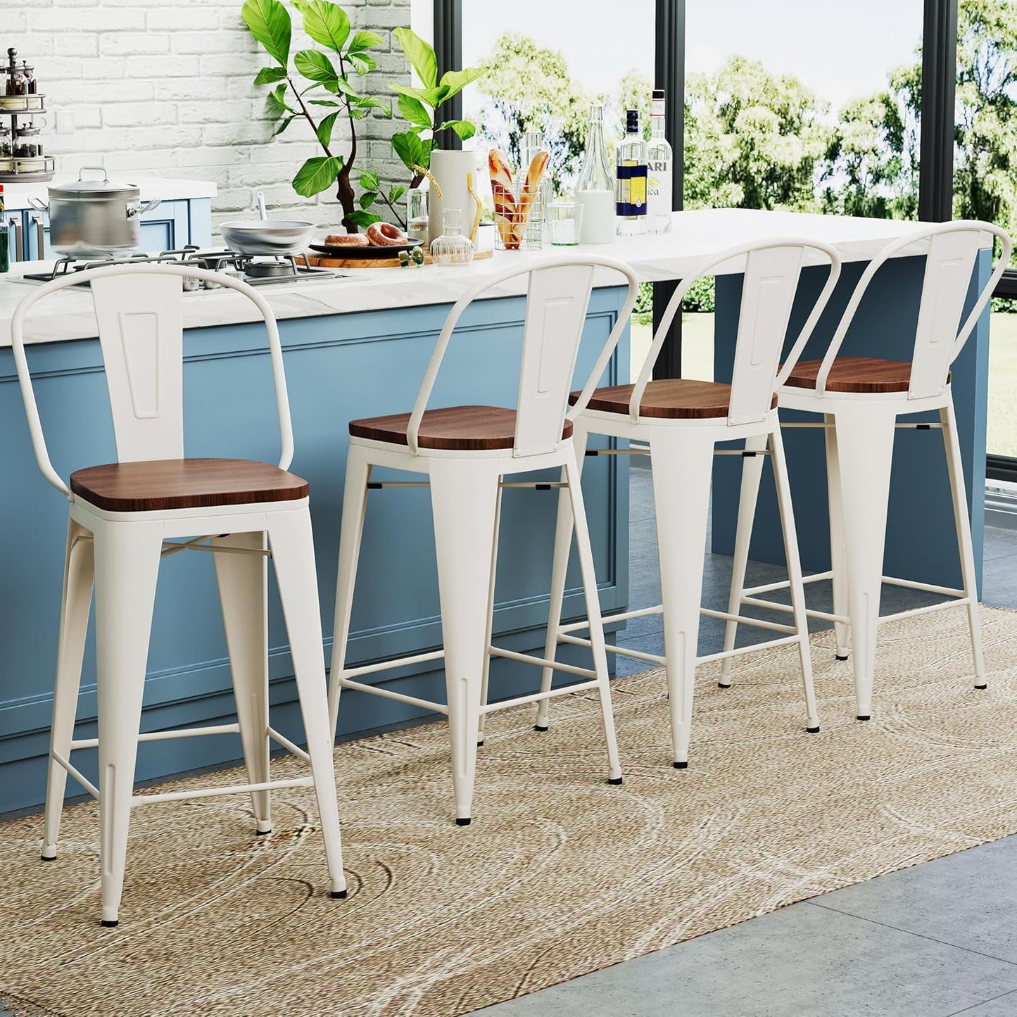 26 Inch Metal Bar Stools Set of 4 Farmhouse Kitchen Island Counter Height Bar Chairs High Back Barstools with Large Wooden Seat Cream White