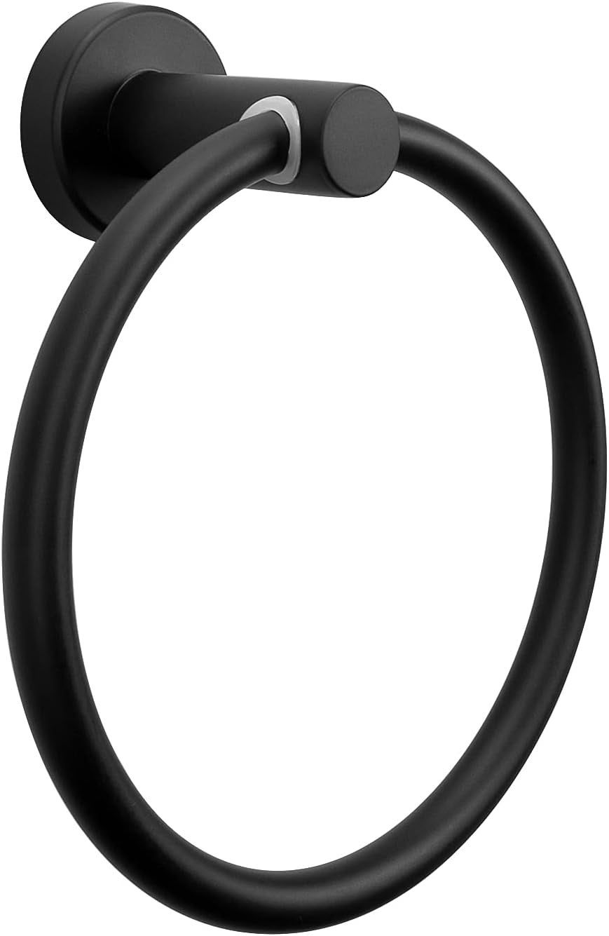 Bath Towel Ring, Bathroom Hardware Accessories-Thicken Stainless Steel Hand Towel Holder for Bathroom, Modern round Towel Hanger Wall Mounted (Matte Black, 1 Pack)