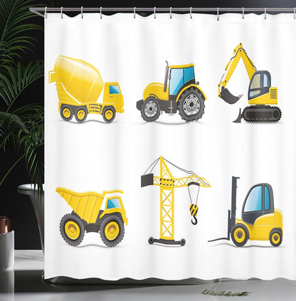 Cartoon Shower Curtain, Style Heavy Machinery Truck Crane Digger Mixer Tractor Construction, Cloth Fabric Bathroom Decor Set with Hooks, 69" W X 75" L, Yellow and Grey