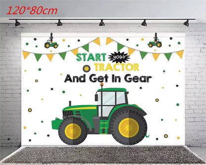 Farm Theme Green Tractor Inflatable Balloons Cake Topper Happy Birthday Party Decoration Kids Birthday Excavator Vehicle Banner