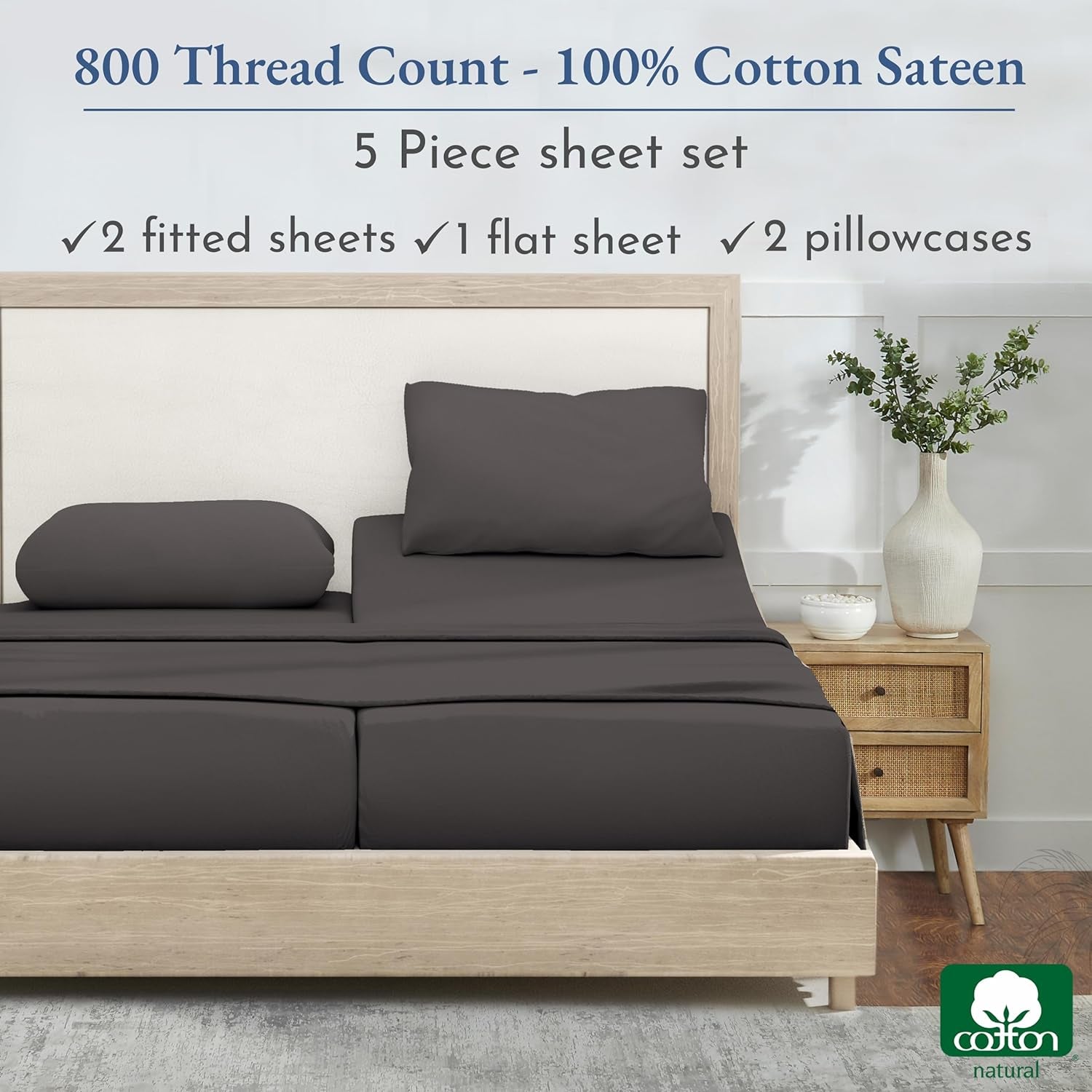 Split King Sheets for Adjustable Bed - Buttery Soft 800 Thread Count, 100% Cotton Set - Beats Fake Egyptian Claims, Bedding Set with Durable Twin XL Fitted Sheets (Grey)