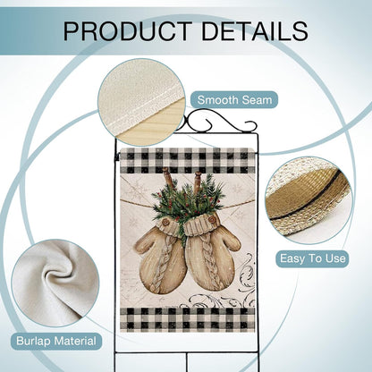 Winter Gloves Home Decorative House Flag Buffalo Plaid Check Farmhouse Garden Yard Outdoor Large Burlap Flag Sign Christmas outside Decoration Xmas Seasonal Decor Double Sided Black White 28X40