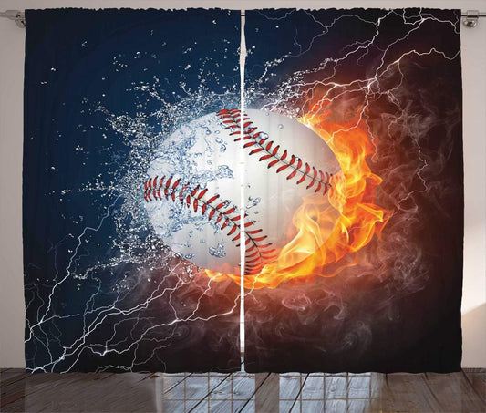 Sports Curtains, Baseball Ball on Fire and Water Flame Splashing Thunder Creative Art, Living Room Bedroom Window Drapes 2 Panel Set, 108" X 90", Blue Burgundy