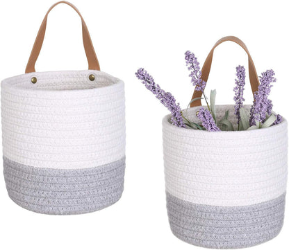2Pack Small Hanging Basket-Cotton Rope Wall Basket with Handle, Hanging Storage Baskets, Shelf Baskets Storage Bin Closet Organizer 6"×6.3", Woven Plant Basket - (White & Grey)