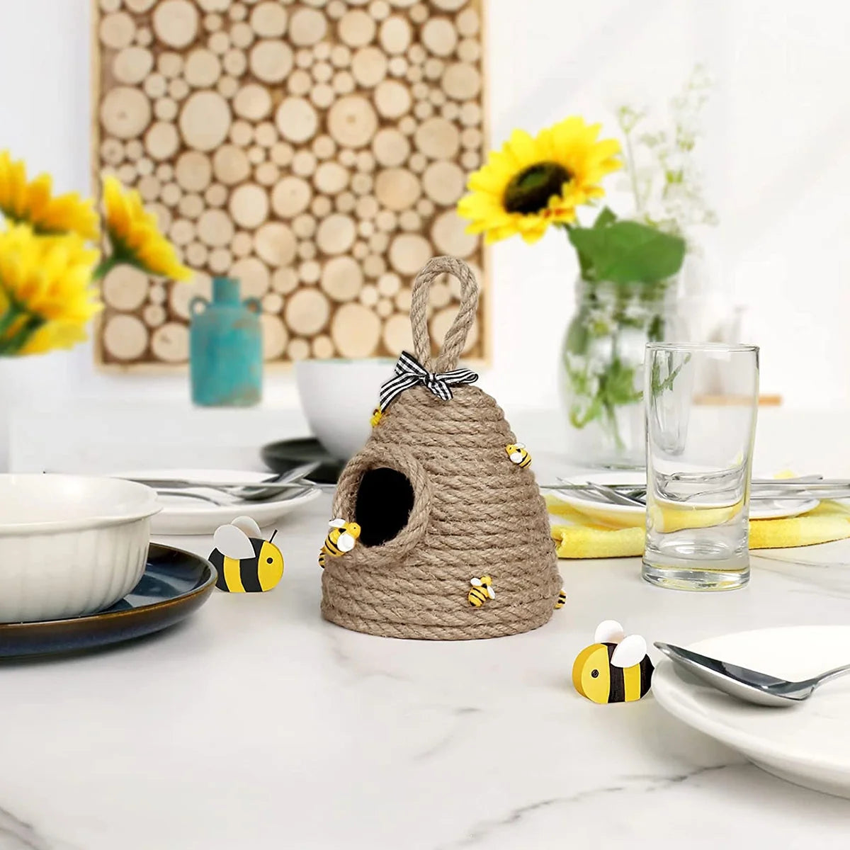 Beehive Decor Jute Hanging Bee Tiered Tray Decor Cute Handmade Honeycomb Decoration Bee Themed Party Ornament for Farmhouse Country Kitchen Bookshelf Garden