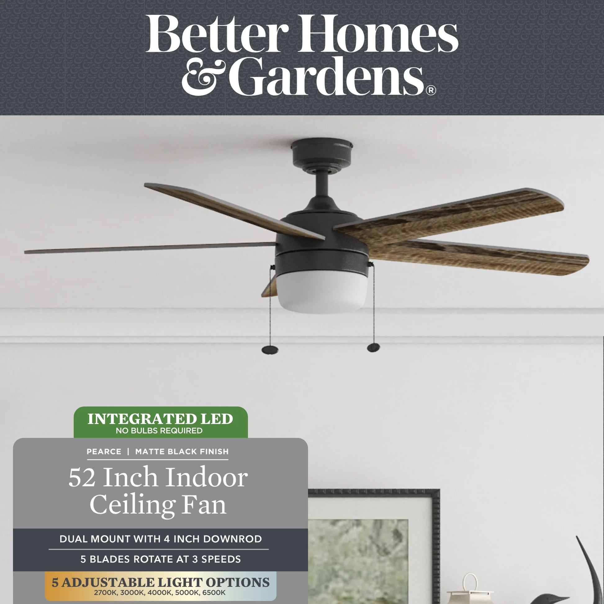 52" Pearce Modern Black Indoor Ceiling Fan with Light, Adjustable Color Temperature & Reverse Airflow