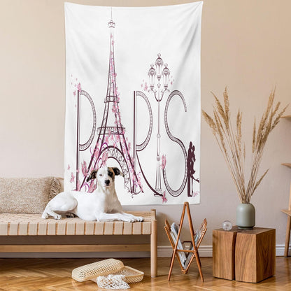 Paris Tapestry, Tower Eiffel with Paris Lettering Couple Trip Flowers Floral Design Print, Wall Hanging for Bedroom Living Room Dorm Decor, 40" X 60", Pink Plum