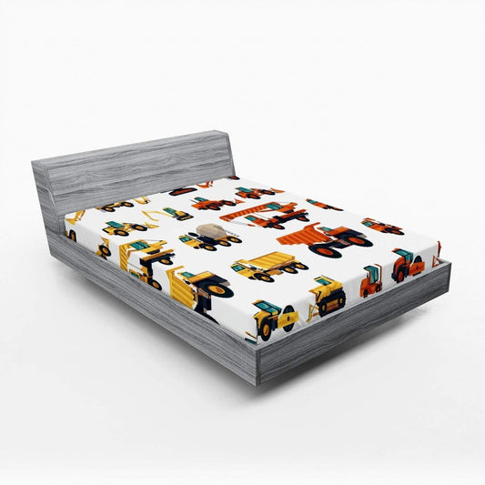 Construction Fitted Sheet, Construction Machinery and Equipment Transportation Careers Mechanics Theme, Soft Decorative Fabric Bedding All-Round Elastic Pocket, Full Size, Orange White