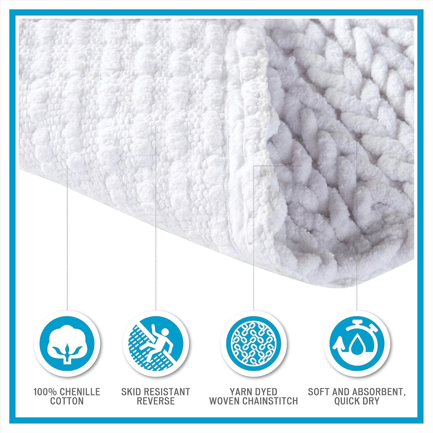 Lasso 100% Cotton Chenille Chain Woven Stitch Bathroom Rug - Non Slip - Absorbent, Quick Dry Bath Mat, 24X40, Charcoal