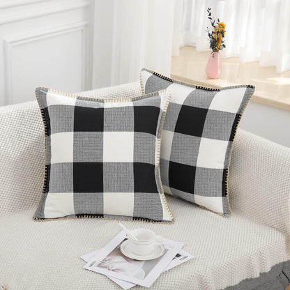 Buffalo Plaid Check Spring Throw Pillow Covers 20X20 Set of 2, Outdoor Decorative Farmhouse Pillow Covers with Stitched Edge for Bed Couch Sofa, Black and White