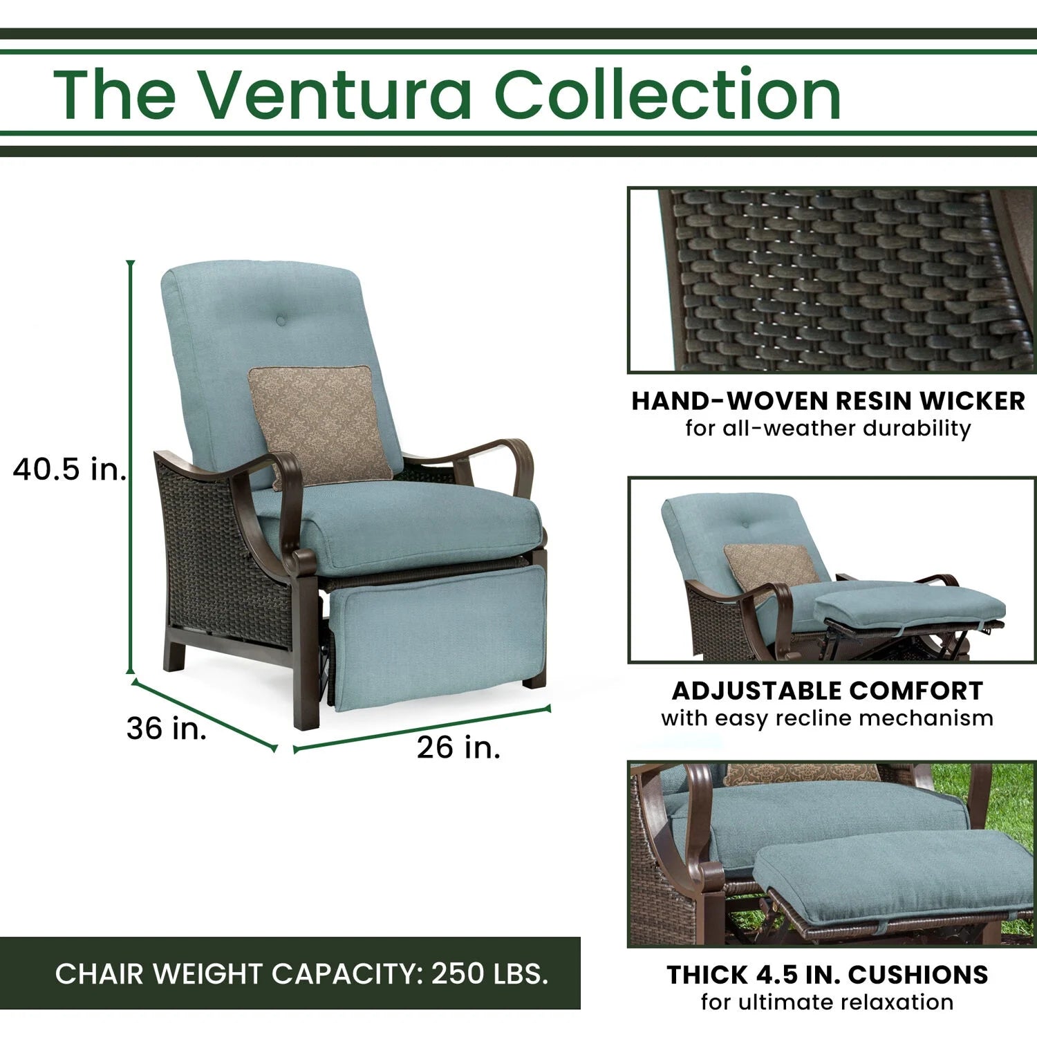 Ventura Steel Outdoor Patio Woven Luxury Recliner with Brown Wicker, Ocean Blue Cushions and Pillow, VENTURAREC-BLU